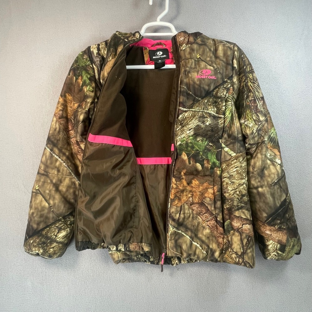 Mossy Oak Puffer Jacket Womens S Camo Break-Up Country Pink Trim Hooded Full Zip